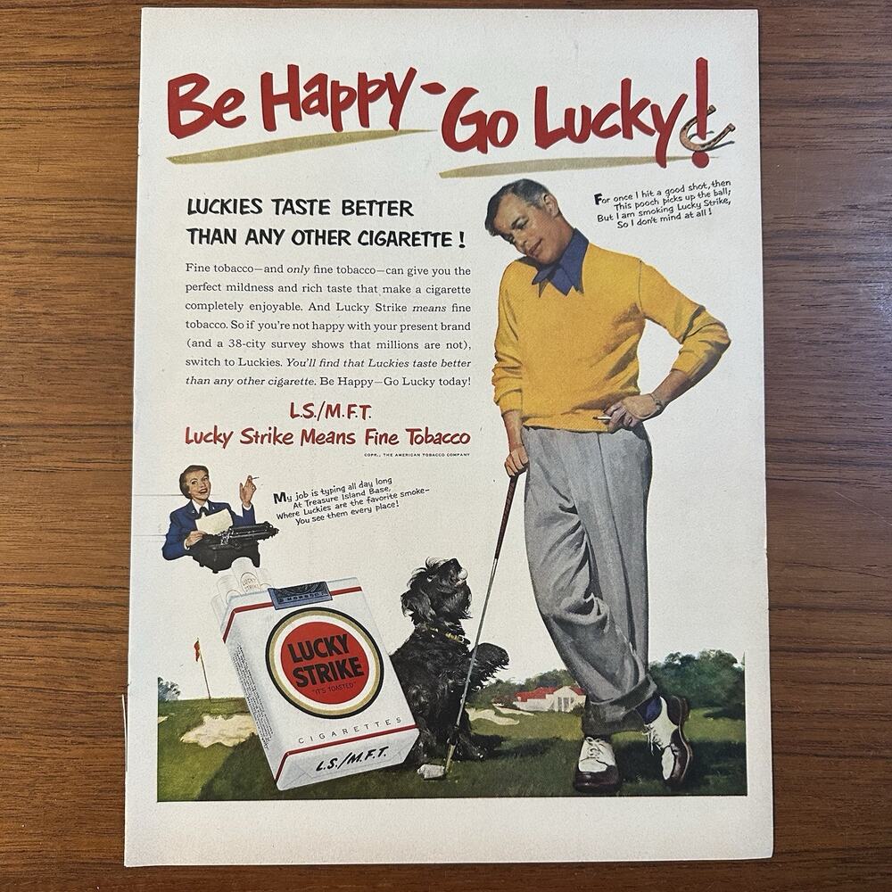 1951 Lucky Strike Cigarettes Man Golf Club Scottish Terrier Print Ad